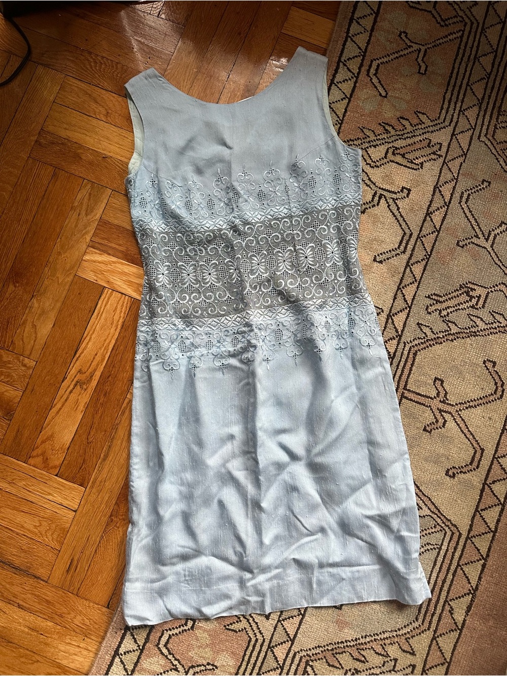 Light Blue Sleeveless Embroidered Sheath Dress with eyelet details